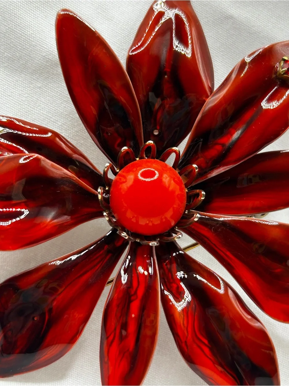 Vintage Flower Brooch Pin Metal Enamel Red Orange Swirl Retro 3.25